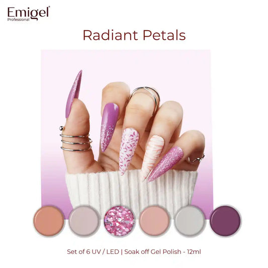 Radiant Petals  - Set of 6 UV LED Gel Polish + Free Top Coat - Glossy 15 ML