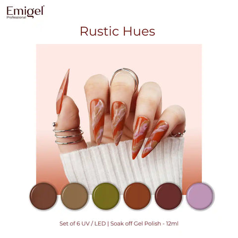 Rustic Hues  - Set of 6 UV LED Gel Polish + Free Top Coat - Glossy 15 ML