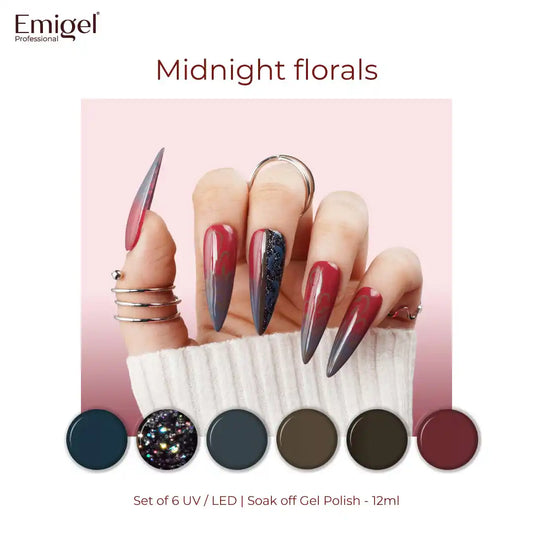 Midnight florals  - Set of 6 UV LED Gel Polish + Free Top Coat - Glossy 15 ML