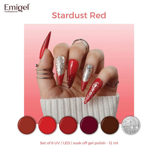 Stardust Red  - Set of 6 UV LED Gel Polish + Free Top Coat - Glossy 15 ML