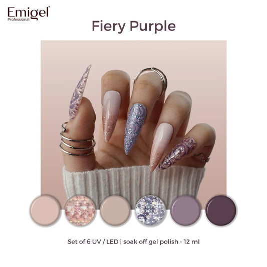 Fiery Purple  - Set of 6 UV LED Gel Polish + Free Top Coat - Glossy 15 ML