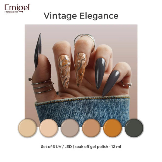 Vintage Elegance - Set of 6 UV LED Gel Polish + Free Top Coat - Glossy 15 ML