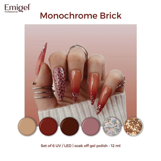 Monochrome Brick  - Set of 6 UV LED Gel Polish + Free Top Coat - Glossy 15 ML