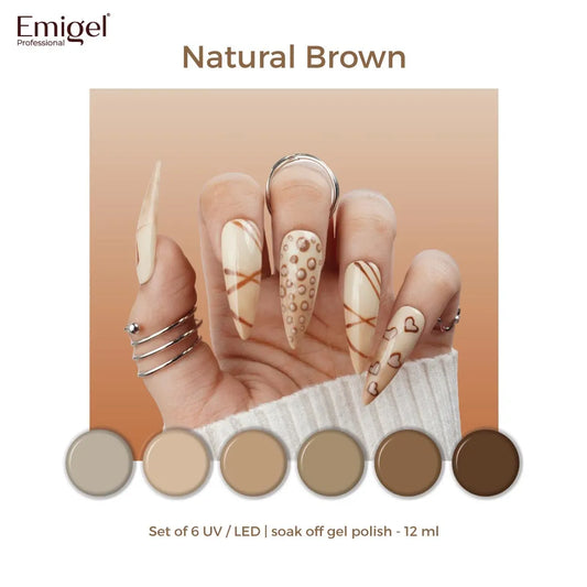 Natural Brown  - Set of 6 UV LED Gel Polish + Free Top Coat - Glossy 15 ML