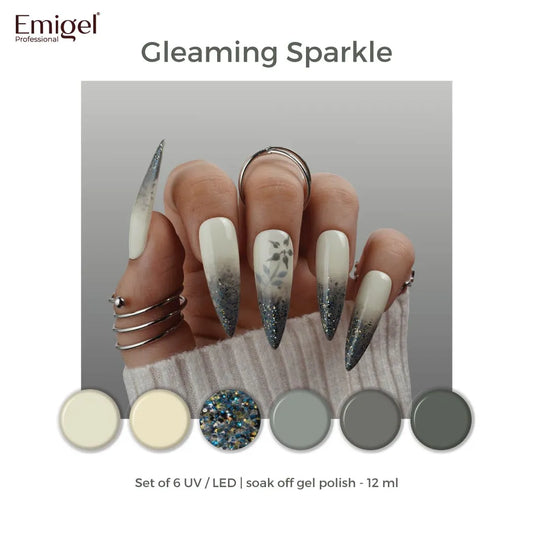 Gleaming Sparkle  - Set of 6 UV LED Gel Polish + Free Top Coat - Glossy 15 ML