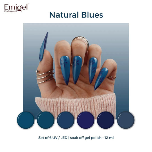 Natural Blues  - Set of 6 UV LED Gel Polish + Free Top Coat - Glossy 15 ML