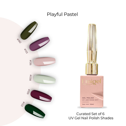 Playful Pastel  - Set of 6 UV LED Gel Polish + Free Top Coat - Glossy 15 ML