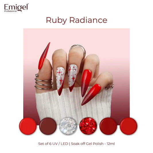 Ruby Radiance - Set of 6 UV LED Gel Polish + Free Top Coat - Glossy 15 ML