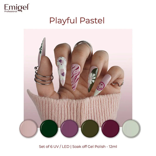 Playful Pastel  - Set of 6 UV LED Gel Polish + Free Top Coat - Glossy 15 ML