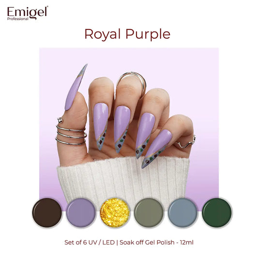 Royal Purple  - Set of 6 UV LED Gel Polish + Free Top Coat - Glossy 15 ML