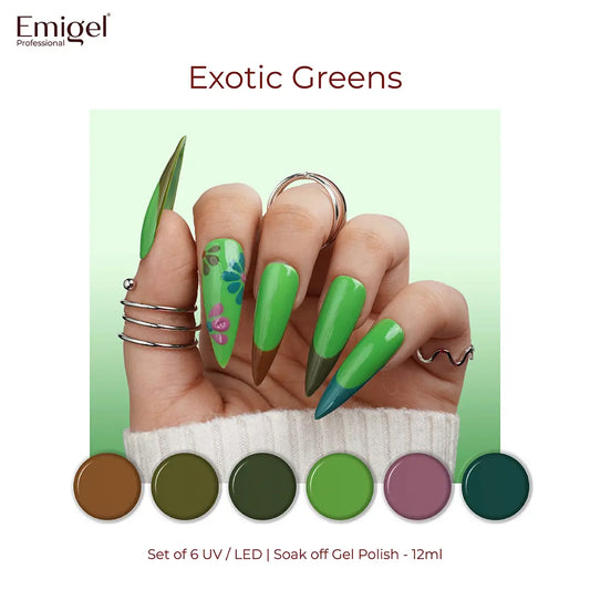 Exotic Greens  - Set of 6 UV LED Gel Polish + Free Top Coat - Glossy 15 ML