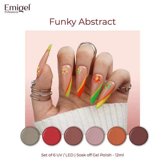 Funky Abstract  - Set of 6 UV LED Gel Polish + Free Top Coat - Glossy 15 ML