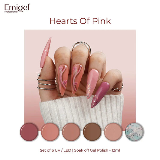 Hearts Of Pink  - Set of 6 UV LED Gel Polish + Free Top Coat - Glossy 15 ML