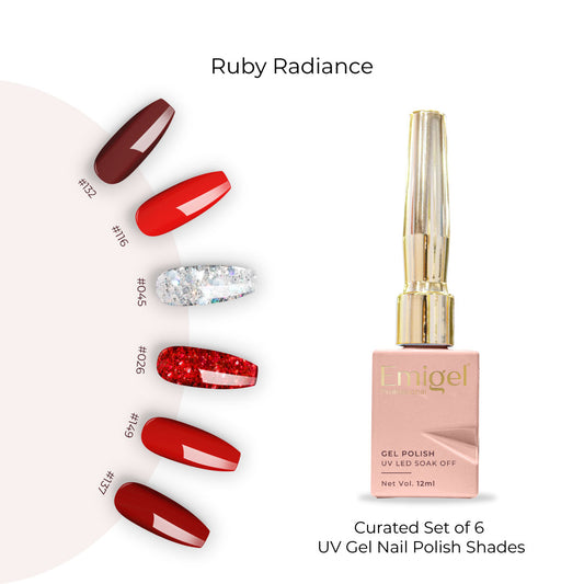 Ruby Radiance - Set of 6 UV LED Gel Polish + Free Top Coat - Glossy 15 ML