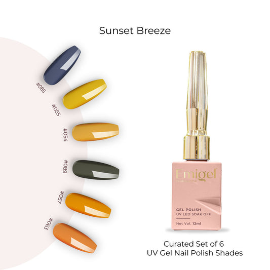 Sunset Breeze  - Set of 6 UV LED Gel Polish + Free Top Coat - Glossy 15 ML