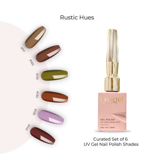 Rustic Hues  - Set of 6 UV LED Gel Polish + Free Top Coat - Glossy 15 ML