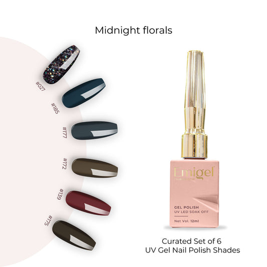 Midnight florals  - Set of 6 UV LED Gel Polish + Free Top Coat - Glossy 15 ML