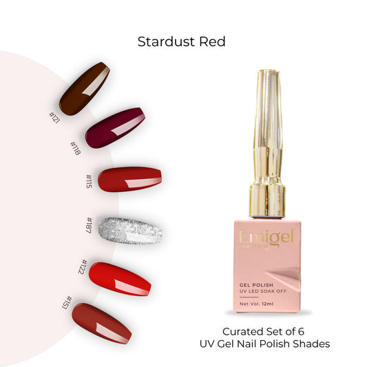 Stardust Red  - Set of 6 UV LED Gel Polish + Free Top Coat - Glossy 15 ML