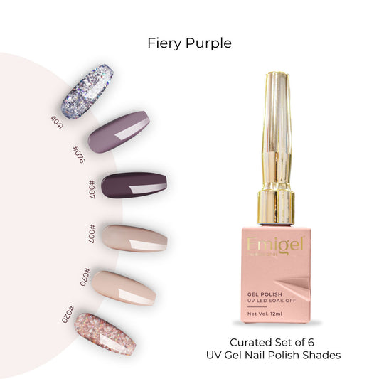 Fiery Purple  - Set of 6 UV LED Gel Polish + Free Top Coat - Glossy 15 ML