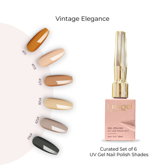 Vintage Elegance - Set of 6 UV LED Gel Polish + Free Top Coat - Glossy 15 ML