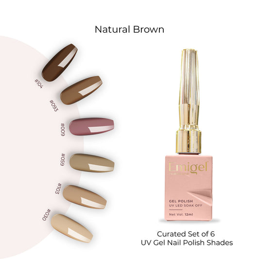 Natural Brown  - Set of 6 UV LED Gel Polish + Free Top Coat - Glossy 15 ML