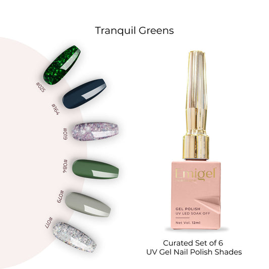 Tranquil Greens  - Set of 6 UV LED Gel Polish + Free Top Coat - Glossy 15 ML