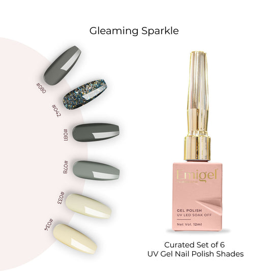 Gleaming Sparkle  - Set of 6 UV LED Gel Polish + Free Top Coat - Glossy 15 ML