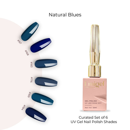 Natural Blues  - Set of 6 UV LED Gel Polish + Free Top Coat - Glossy 15 ML