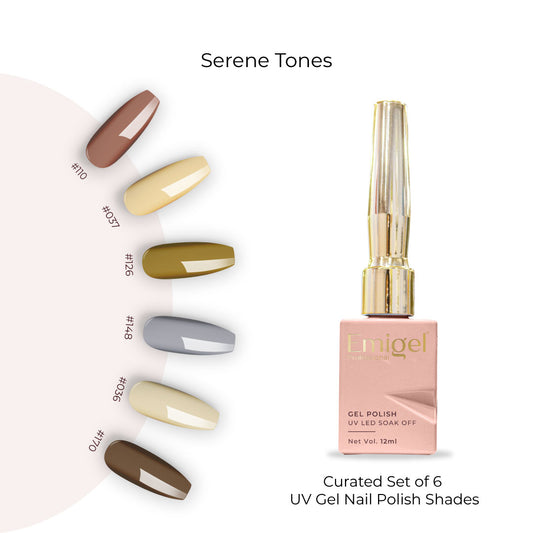 Serene Tones - Set of 6 UV LED Gel Polish + Free Top Coat - Glossy 15 ML