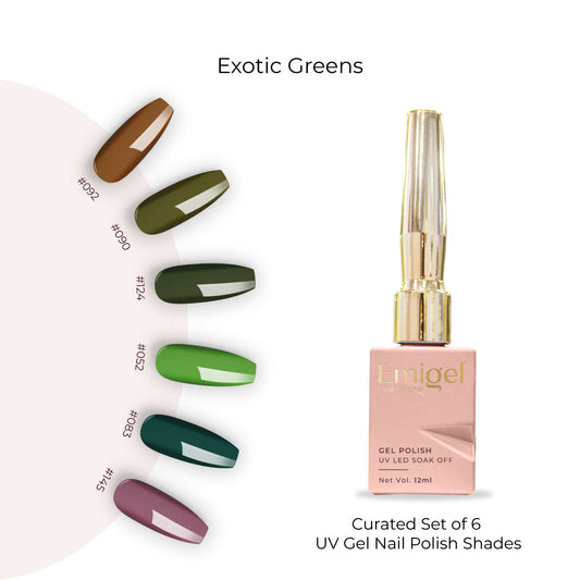 Exotic Greens  - Set of 6 UV LED Gel Polish + Free Top Coat - Glossy 15 ML