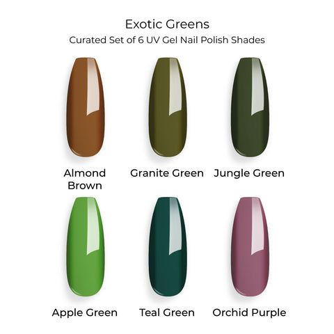 Exotic Greens  - Set of 6 UV LED Gel Polish + Free Top Coat - Glossy 15 ML