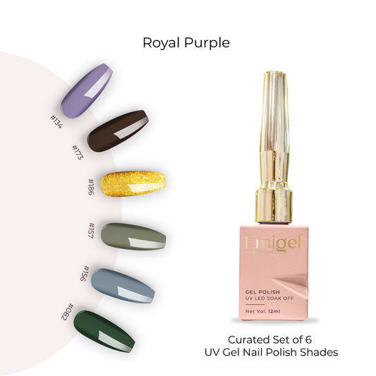 Royal Purple  - Set of 6 UV LED Gel Polish + Free Top Coat - Glossy 15 ML