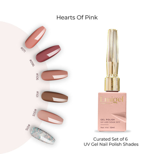 Hearts Of Pink  - Set of 6 UV LED Gel Polish + Free Top Coat - Glossy 15 ML