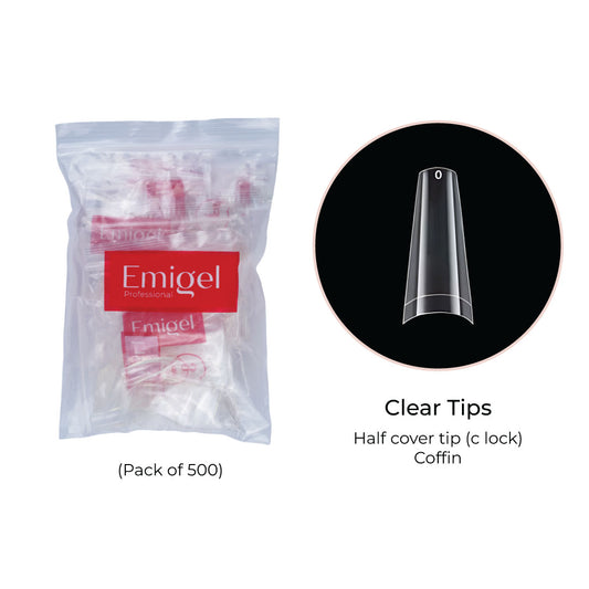 Emigel - Nail Tips - Clear - Coffin - Half Cover